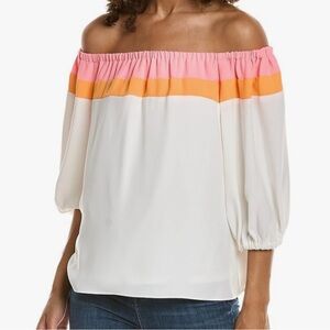 Trina Turk Luella Top Pink Orange White Off the Shoulders Whitewash SZ XS